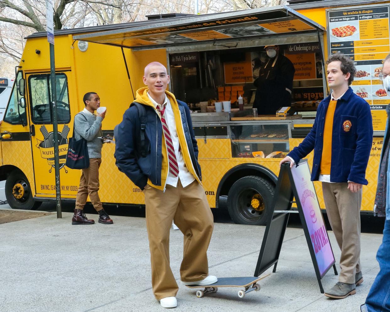 Evan Mock and Eli Brown are seen at the film set of the "Gossip Girl" TV series on March 15, 2021, in New York City.