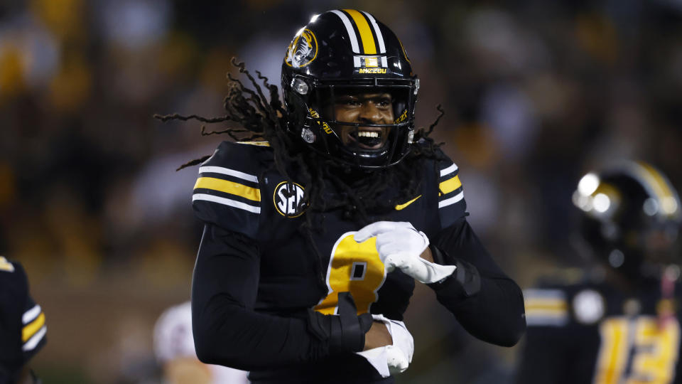 FILE - Missouri linebacker Ty'Ron Hopper reacts during an NCAA football game on Saturday, Oct. 1, 2022, in Columbia, Mo. Missouri opens their season at home against South Dakota on Aug. 31. (AP Photo/Colin E. Braley, File)