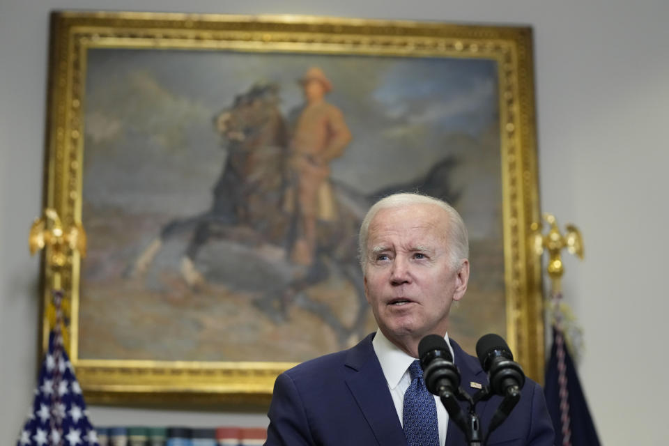 President Joe Biden speaks in the Roosevelt Room of the White House, Sunday, May 28, 2023, in Washington. Biden and House Speaker Kevin McCarthy reached a final agreement Sunday on a deal to raise the nation's debt ceiling while trying to ensure enough Republican and Democratic votes to pass the measure in the coming week. (AP Photo/Manuel Balce Ceneta)