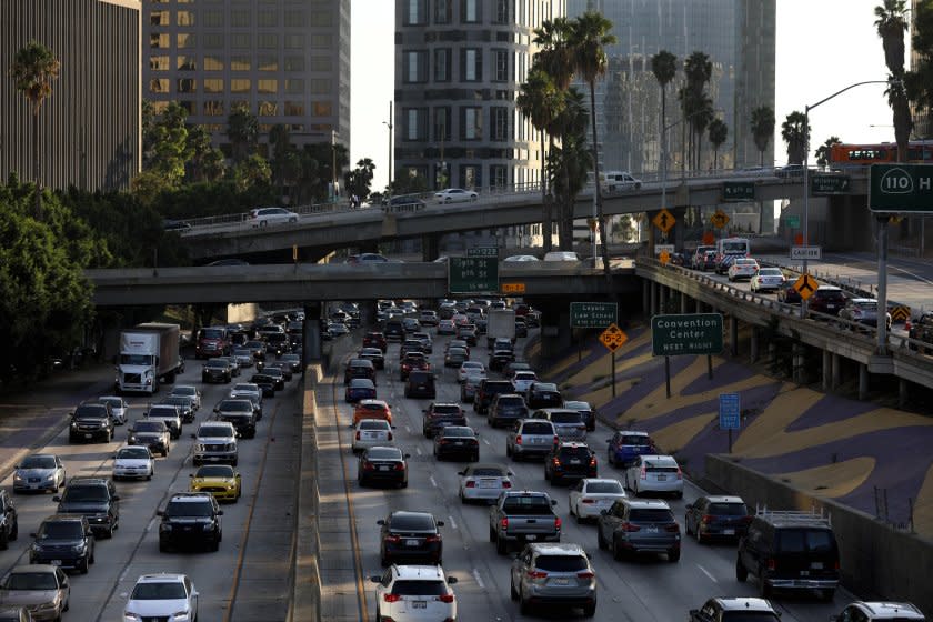 LOS ANGELES, CALIF. -- TUESDAY, SEPTEMBER 17, 2019: Downtown Los Angeles seen from the 110 Freeway in Los Angeles, Calif., on Sept. 17, 2019. (Gary Coronado / Los Angeles Times)