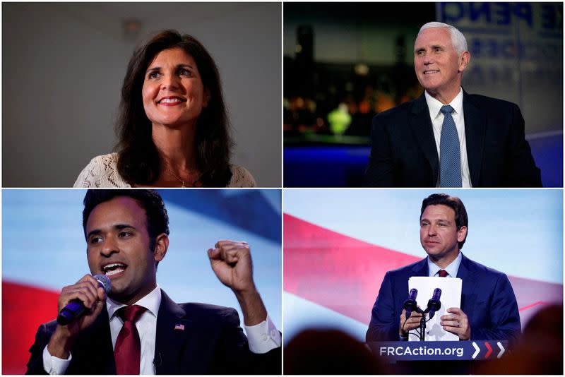 FILE PHOTO: A combination picture shows Republican presidential candidates Nikki Haley, Mike Pence, Vivek Ramaswamy and Ron DeSantis