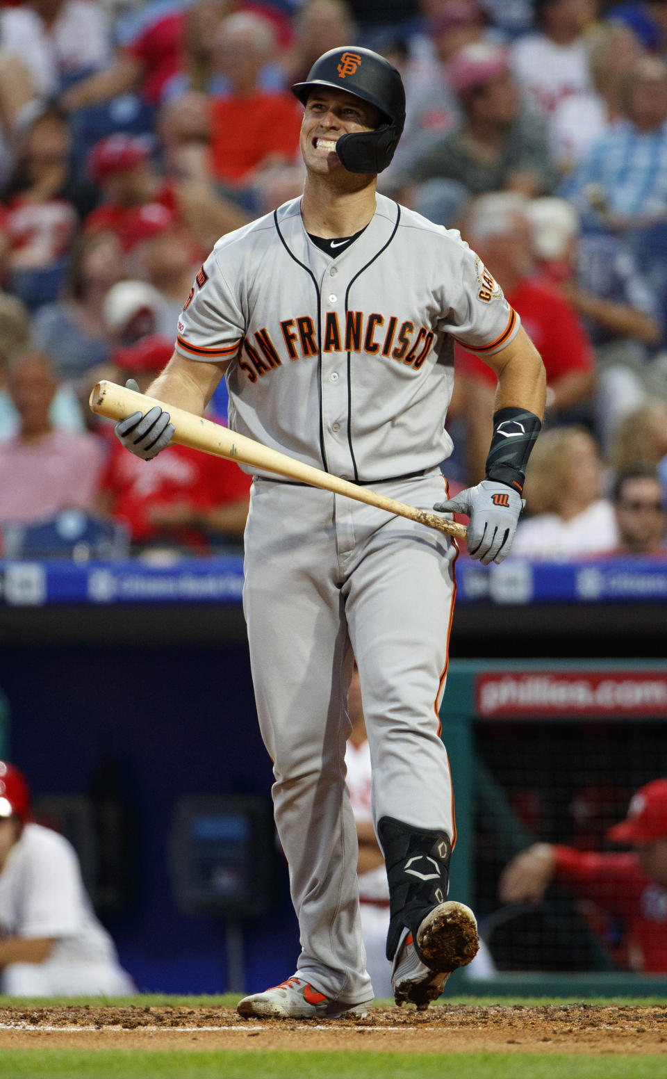 San Francisco Giants' Buster Posey reacts to fouling the ball off during the third inning of the team's baseball game against the Philadelphia Phillies, Wednesday, July 31, 2019, in Philadelphia. (AP Photo/Chris Szagola)