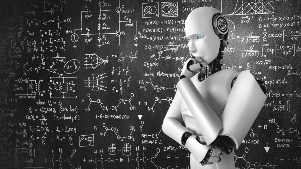  A humanoid robot thinking about a chalkboard of mathematical equations. 