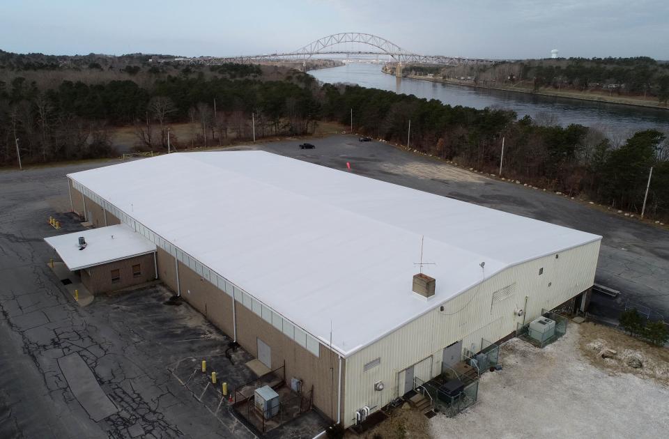 Plans for a $4 million expansion of the lobby of the John Gallo Ice Arena has take a step forward, with the plan to hire an owner's project manager. The Bourne Bridge is in the background in an April 2023 aerial view of the ice arena at 231 Sandwich Road in Bourne.