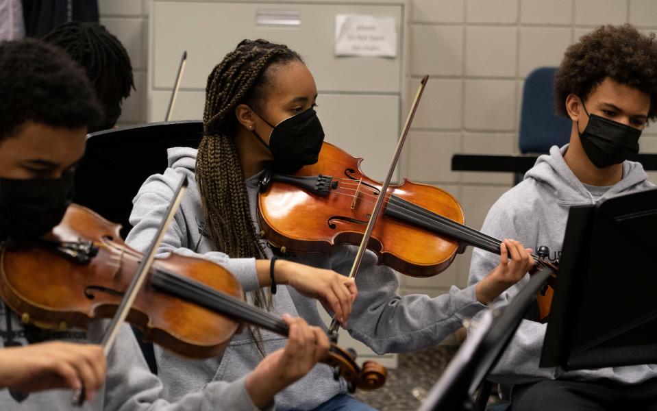 Alexis Cunningham practices during Urban Strings orchestra practice for high schoolers at Columbus State Community College. Cunningham has been in Urban Strings for eight years. “I’ve made a family here because you have a sense of belonging,” said Cunningham.