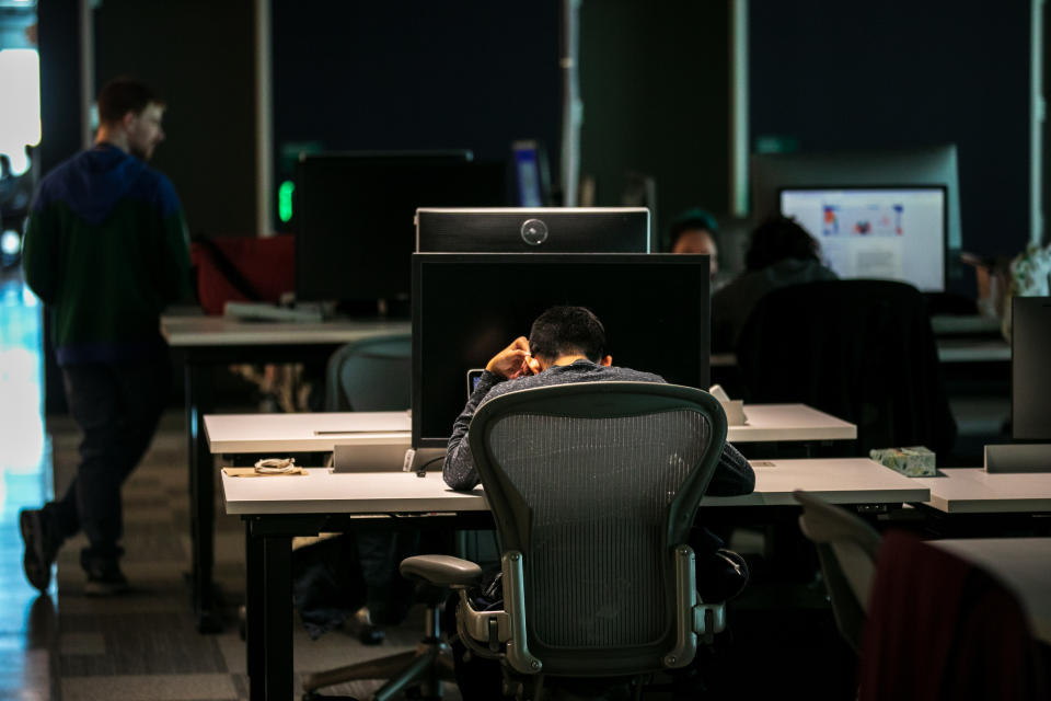 AUSTIN, TX - MARCH 5: Content moderators work at a Facebook office in Austin, Texas. (Photo by Ilana Panich-Linsman for The Washington Post via Getty Images)