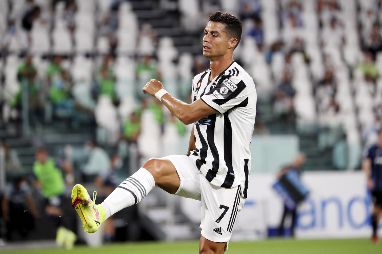 Cristiano Ronaldo of Juventus reacts to a missed chance during to the pre-season friendly match between Juventus and Atalanta BC at Allianz Stadium on August 14, 2021 in Turin, Italy. (Photo by Giuseppe Cottini/NurPhoto via Getty Images)