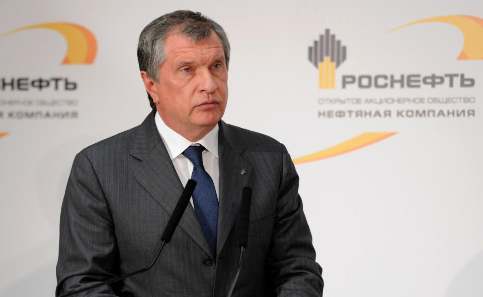 FILE - In this Friday, Oct. 11, 2013 file photo CEO of state-controlled Russian oil company Rosneft Igor Sechin commissions new equipment at the Rosneft oil refinery in the Black Sea port of Tuapse, southern Russia. The U.S. Department of the Treasury on Monday, April 28, 2014, designated seven Russian government officials, including two key members of the Russian leadership’s inner circle, and 17 entities pursuant to Executive Order (E.O.) 13661. E.O. 13661 authorizes sanctions on, among others, officials of the Russian Government and any individual or entity that is owned or controlled by, that has acted for or on behalf of, or that has provided material or other support to, a senior Russian government official. Sechin is on the list. (AP Photo/RIA-Novosti, Alexei Nikolsky, Presidential Press Service, File)