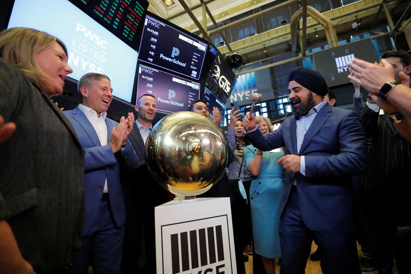 PowerSchool CEO Hardeep Gulati rings a ceremonial bell during their Initial public offering (IPO) the New York Stock Exchange (NYSE) in New York City, New York