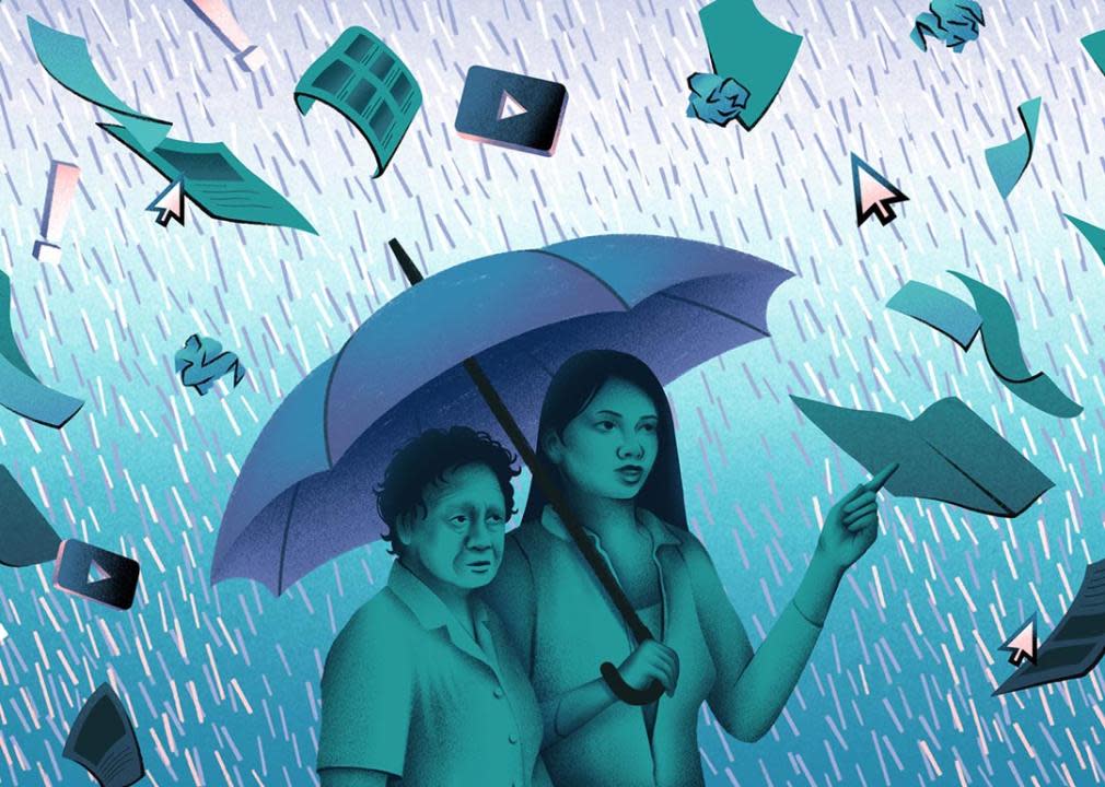 illustration concept: two vietnamese women of different generations shielding themselves from the deluge of misinformation