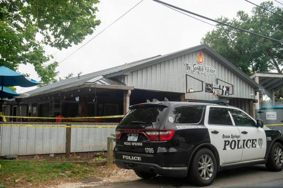 Crime scene tape still decorates The Scratch Kitchen bar and restaurant in Ocean Springs on Monday, May 8, 2023, after a shooting killed one at the restaurant on Friday, May 5, 2023.