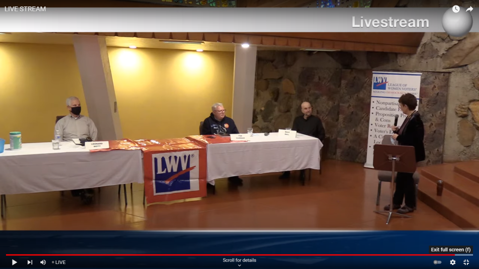 Left to right: Shasta County Supervisor Leonard Moty and challenger Tim Garman and Dale Ball participate in a candidate forum hosted by the League of Women Voters of the Redding Area. Moty is fighting a Feb. 1 recall election. Four challengers are competing to replace him.