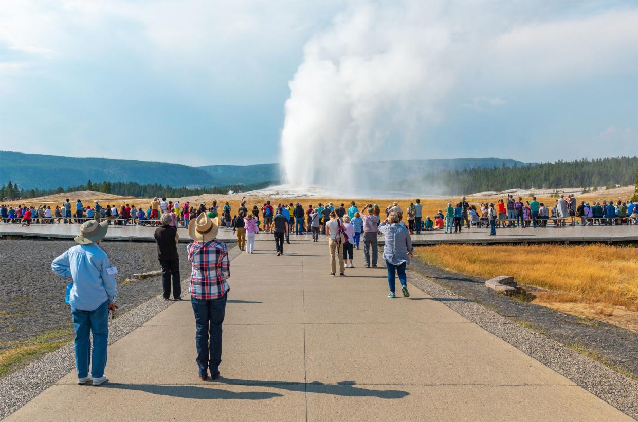 People looking at the Old Faithful geothermal volcanic hot spot during a water and steam eruption inside Yellowstone park, Wyoming, USA.