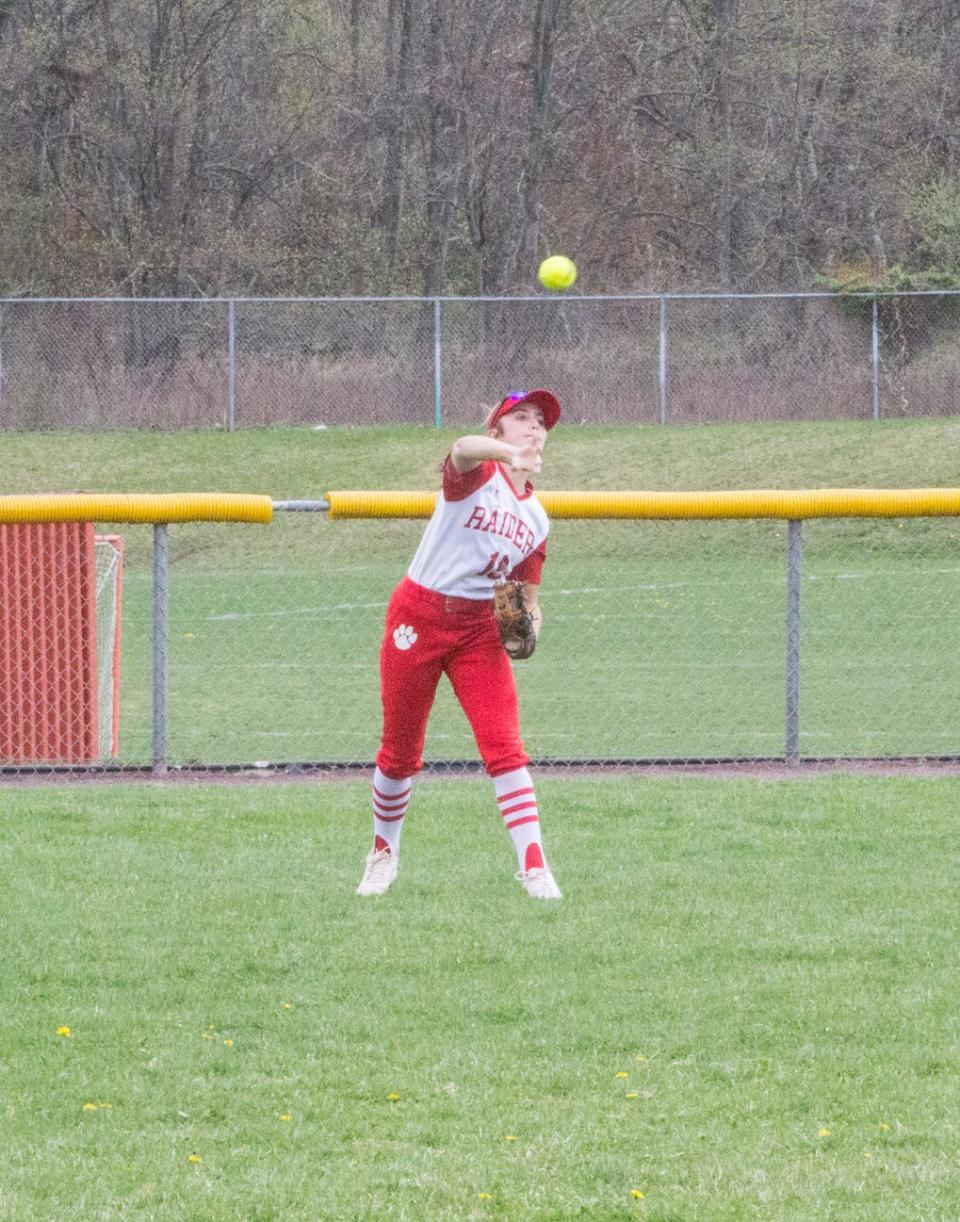 North Rockland's Addyson Bohlander throws the ball in after making a catch during their 4-1 win over Tappan Zee on April 15, 2023.