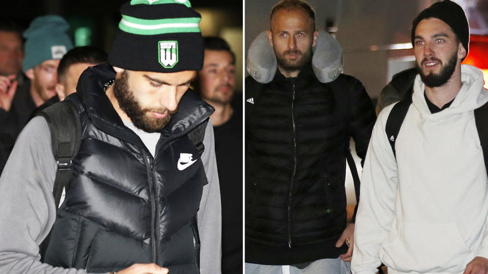 Players from three Melbourne-based A-League clubs are pictured arriving at Melbourne Airport.
