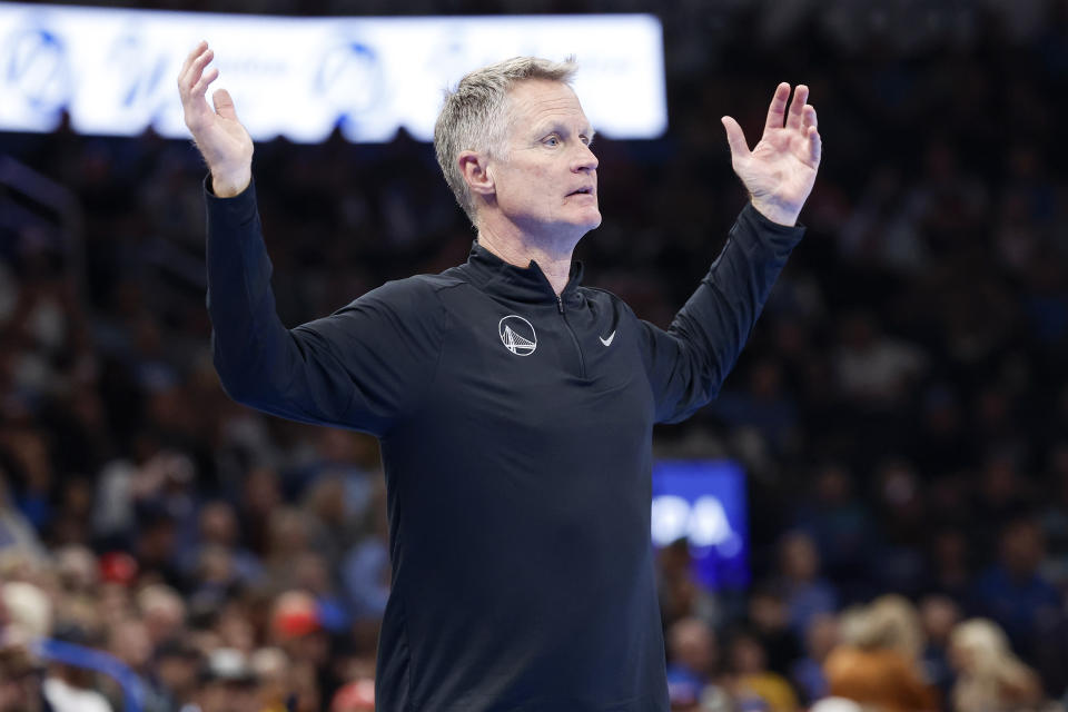 Nov 3, 2023; Oklahoma City, Oklahoma, USA; Golden State Warriors head coach Steve Kerr reacts after a play against the Oklahoma City Thunder during the second half at Paycom Center. Mandatory Credit: Alonzo Adams-USA TODAY Sports