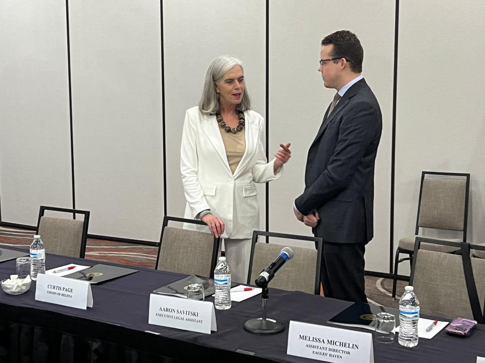 Congresswoman Katherine Clark, the second highest ranking Democrat in the U.S. House speaks with an attendee ahead of a roundtable talk on gun violence prevention. The panel discussion followed her tour of the Parkland high school mass shooting site.