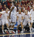 Stanford forward Nnemkadi Ogwumike (30) reacts to a basket and foul call during the second half of an NCAA women's basketball tournament second-round game against West Virginia in Norfolk, Va., Monday, March 19, 2012. Stanford won 72-55. (AP Photo/Steve Helber)