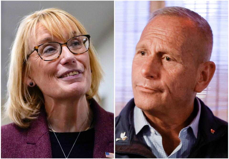 This combination of file photos shows Sen. Maggie Hassan, D-N.H., on Oct. 11, 2022, in Rochester, N.H., left, and Don Bolduc, Republican candidate for U.S. Senate in New Hampshire, Oct. 5, 2022, in Auburn, N.H. 