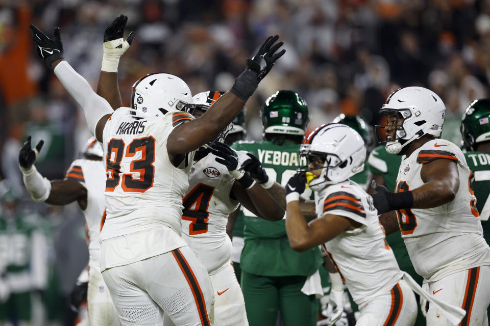 Cleveland Browns defensive tackle Shelby Harris celebrates after blocking a field goal against the New York Jets during the second half of an NFL football game Thursday, Dec. 28, 2023, in Cleveland. (AP Photo/Ron Schwane)