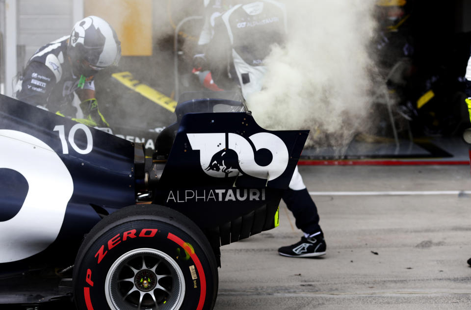 BUDAPEST, HUNGARY - JULY 19: Pierre Gasly of France driving the (10) Scuderia AlphaTauri AT01 Honda retires during the Formula One Grand Prix of Hungary at Hungaroring on July 19, 2020 in Budapest, Hungary. (Photo by Peter Fox/Getty Images)