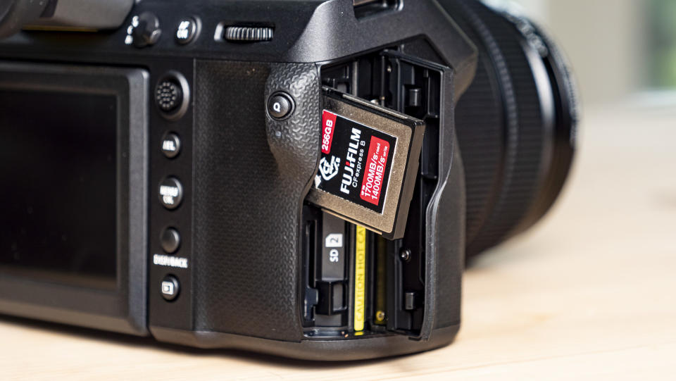 Closeup of the memory card slot with CFExpress card Fujifilm GFX100 II