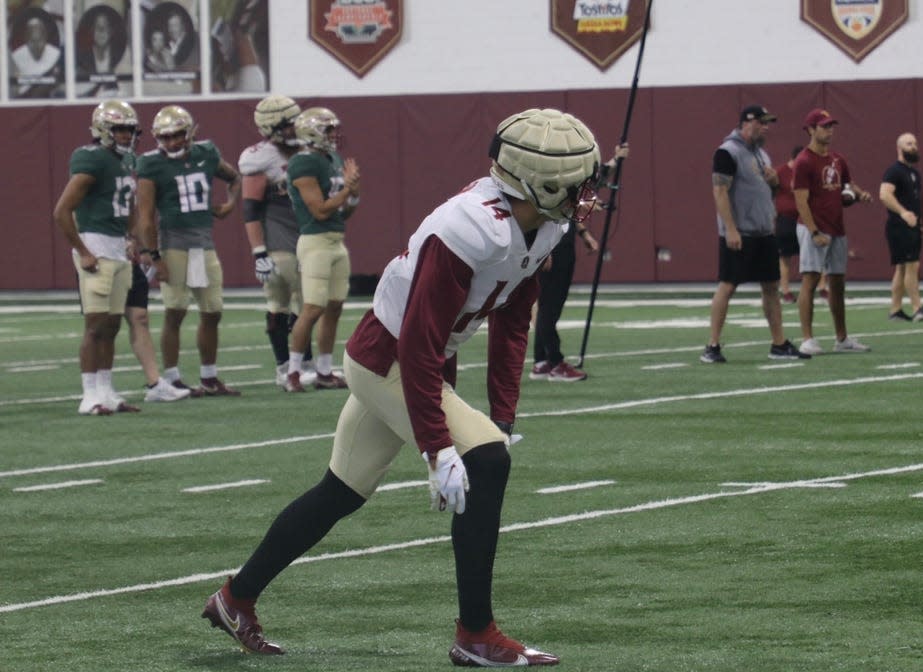 FSU wide receiver Johnny Wilson lines up out wide during one of the Seminoles' 2022 spring football practices.