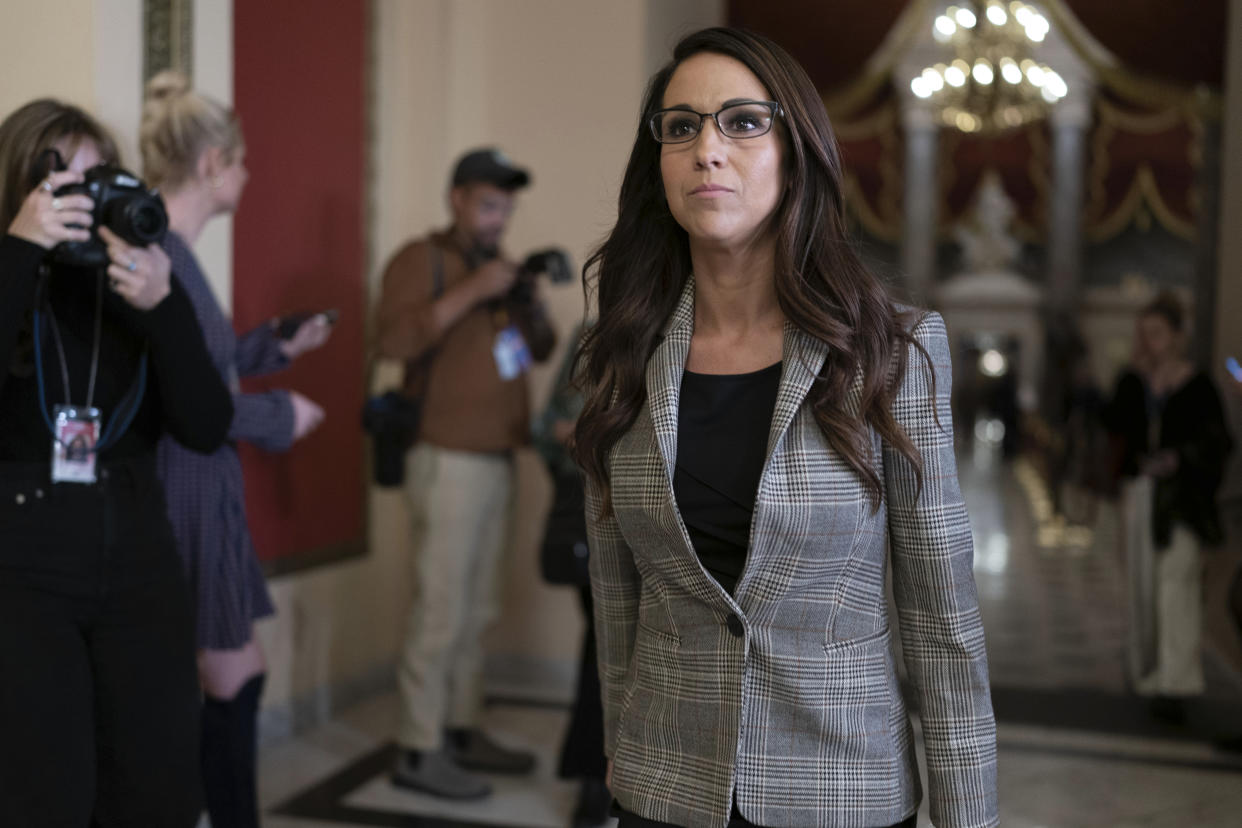 FILE - Rep. Lauren Boebert, R-Colo., walks to the House chamber as the House meets for the third day to elect a speaker and convene the 118th Congress on Capitol Hill in Washington, Thursday, Jan. 5, 2023. (AP Photo/Jose Luis Magana, File)