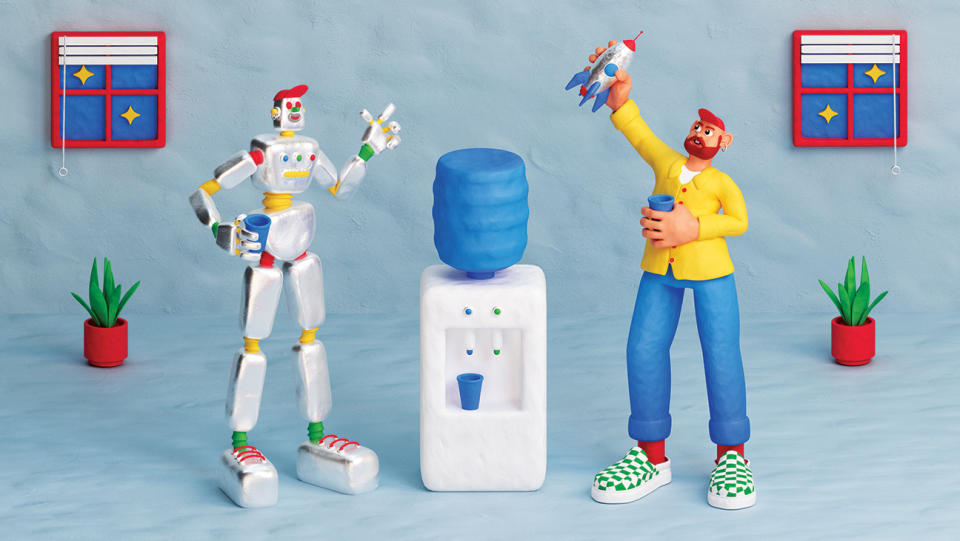 A robot and a human chatting at an office water cooler
