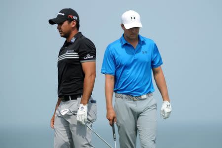 Aug 16, 2015; Sheboygan, WI, USA; Jason Day and Jordan Spieth on the 3rd tee box during the final round of the 2015 PGA Championship golf tournament at Whistling Straits. Mandatory Credit: Thomas J. Russo-USA TODAY Sports