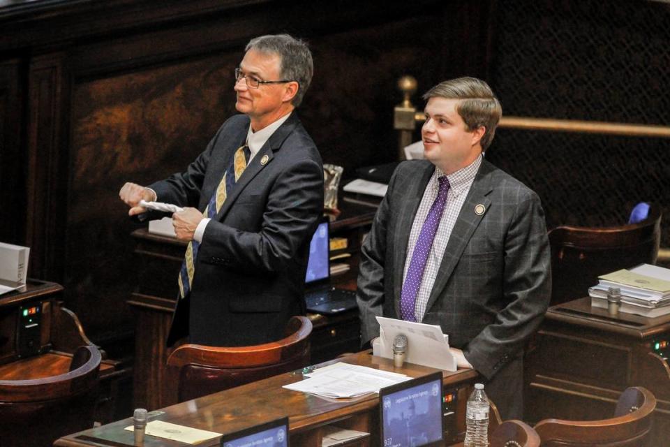 State Rep. David Hiott, left, and State Rep. Brandon Newton during a House of Representatives session in Columbia, S.C. on Tuesday, March 14, 2023. (Travis Bell/STATEHOUSE CAROLINA)