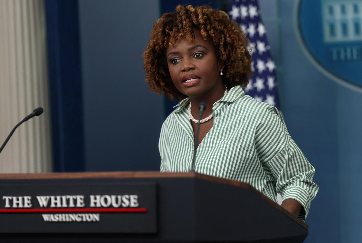 White House press secretary Karine Jean-Pierre speaks during a press briefing at the White House.
