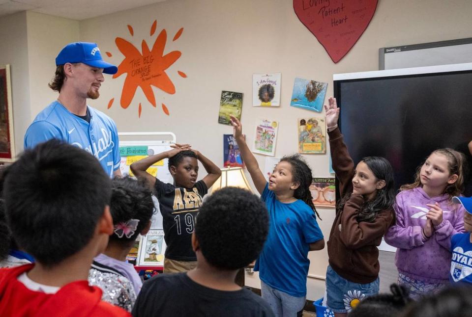 Royals star shortstop Bobby Witt Jr. visits a second-grade classroom where students were eager to ask him questions during his visit to promote literacy and reading on Tuesday, May 21, 2024, at Ingels Elementary School in the Hickman Mills School District. Royals Literacy League (RLL) is teaming up players with nine different schools for the program.