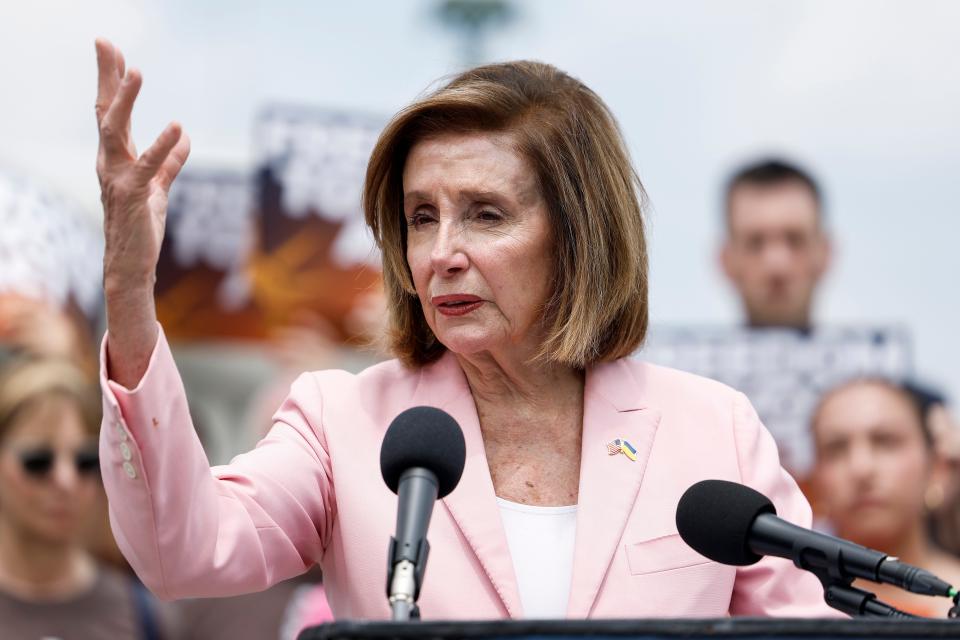 Rep. Nancy Pelosi, D-Calif., speaks at a press conference on the reintroduction of the Freedom to Vote Act, outside the U.S. Capitol Building on July 20, 2023 in Washington, DC.