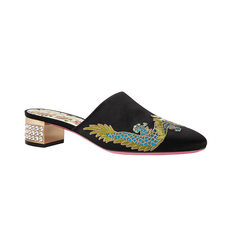 <a rel="nofollow noopener" href="http://rstyle.me/n/crbf48chdw" target="_blank" data-ylk="slk:Caspar Embroidered Satin Mule Pump, Gucci, $980;elm:context_link;itc:0;sec:content-canvas" class="link ">Caspar Embroidered Satin Mule Pump, Gucci, $980</a>