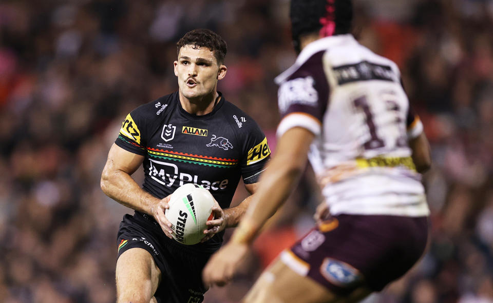 Nathan Cleary, pictured here in action for the Panthers against the Broncos.