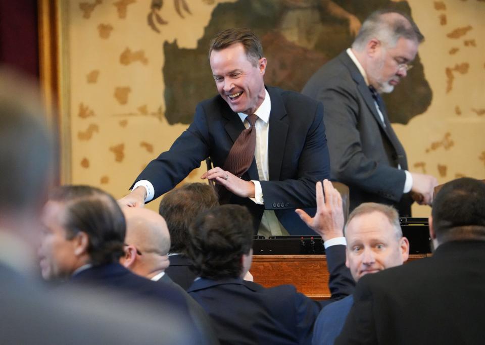 House Speaker Dade Phelan is congratulated after managing to adjourn the House on Tuesday after only one day of a special session. "When Governor Abbott declared a special session yesterday evening, we had every intention of gaveling in this morning, fulfilling the governor’s call, and gaveling out," Phelan said in a statement released just minutes after adjourning.