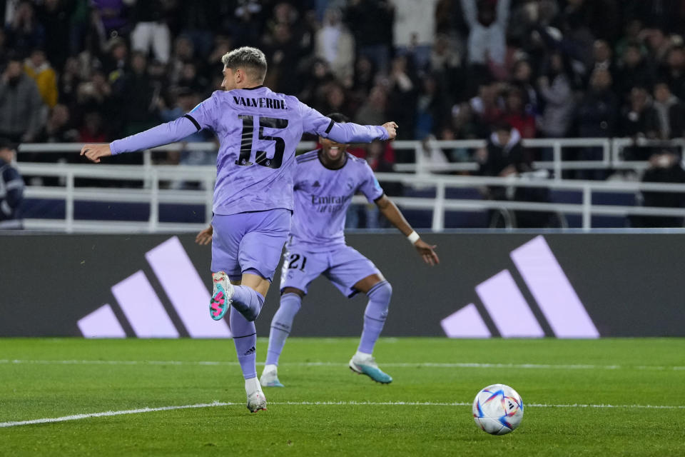 Real Madrid's Federico Valverde celebrates after scoring his side's second goal during the FIFA Club World Cup semi final match between Al Ahly and Real Madrid at Prince Moulay Abdellah stadium in Rabat, Morocco, Wednesday, Feb. 8, 2023. (AP Photo/Manu Fernandez)