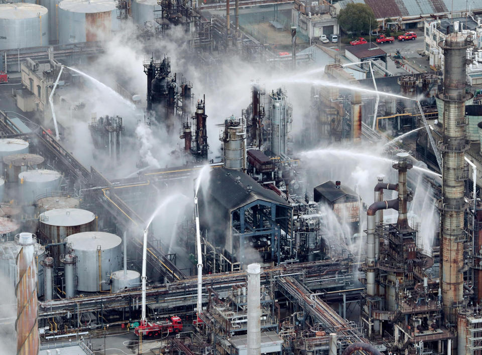 A fire is extinguished at a Japanese oil refinery in Arida