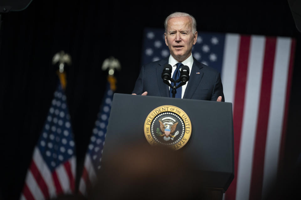 FILE - In this June 1, 2021, file photo, President Joe Biden speaks at the Greenwood Cultural Center in Tulsa, Okla. On Friday, June 11, The Associated Press reported on stories circulating online incorrectly claiming Biden once said he was about to “swoop down with Special Forces” and “gather up every gun in America,” and now his administration is advertising giving out guns to people who get vaccinated for COVID-19. (AP Photo/Evan Vucci, File)