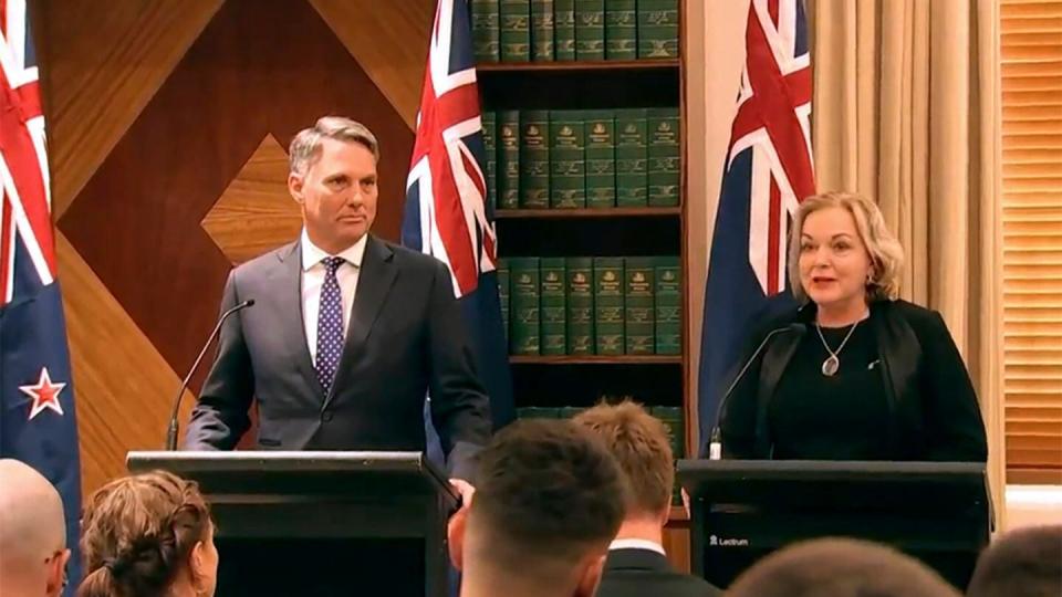 Australian Defence Minister Richard Marles, left, and New Zealand Defence Minister Judith Collins attend a press conference in Melbourne, Australia, on Feb. 1, 2024. (Australian Broadcasting Corp. via AP)