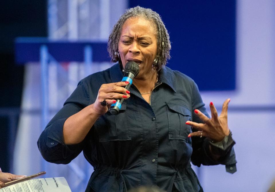 Community organizer Toni McNeil speaks at a public safety town hall meeting at Victory in Praise Church in Stockton on Wednesday, Oct. 5, 2022.