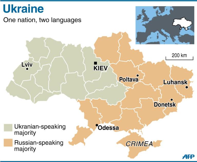 Map of Ukraine's regions identifying mainly Russian- and mainly Ukrainian-speaking regions