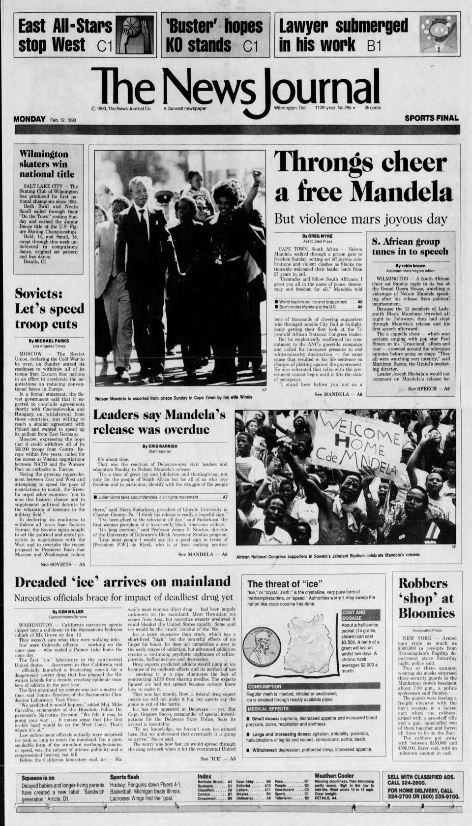 Front page of The News Journal from Feb. 12, 1990.