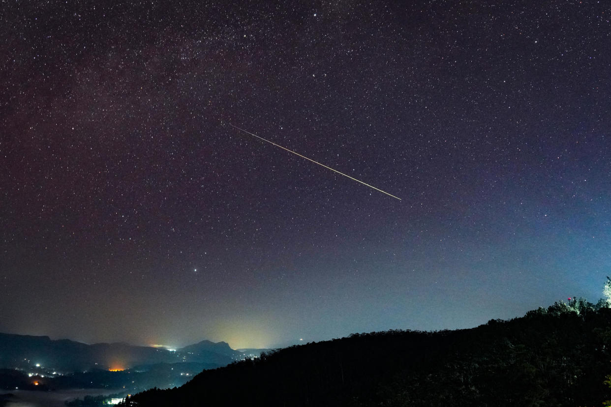 A huge Perseid meteor is seen in the night sky over Haputale, Sri Lanka, on Aug. 4, 2024.  / Credit: Thilina Kaluthotage/NurPhoto via Getty Images