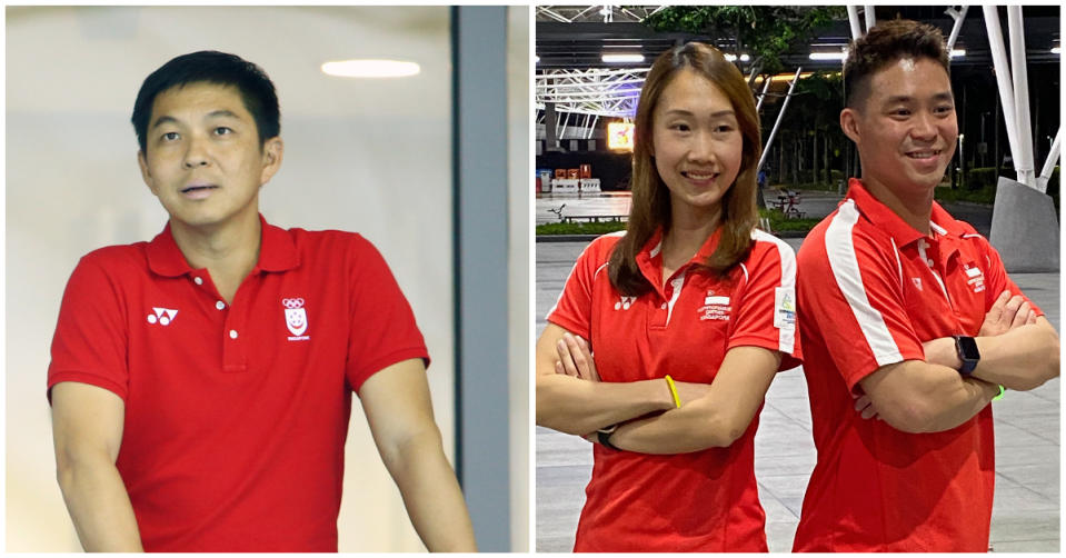 SNOC president Tan Chuan-Jin (left) gave out the MAP monetary awards to medal-winning Singapore athletes such as badminton mixed doubles duo Jessica Tan and Terry Hee (right). (PHOTOS: Reuters/Yahoo News Singapore)