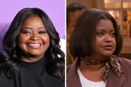 Octavia Spencer at Apple TV's "Truth Be Told" premiere on left; Octavia Spencer on the right in "Moesha"