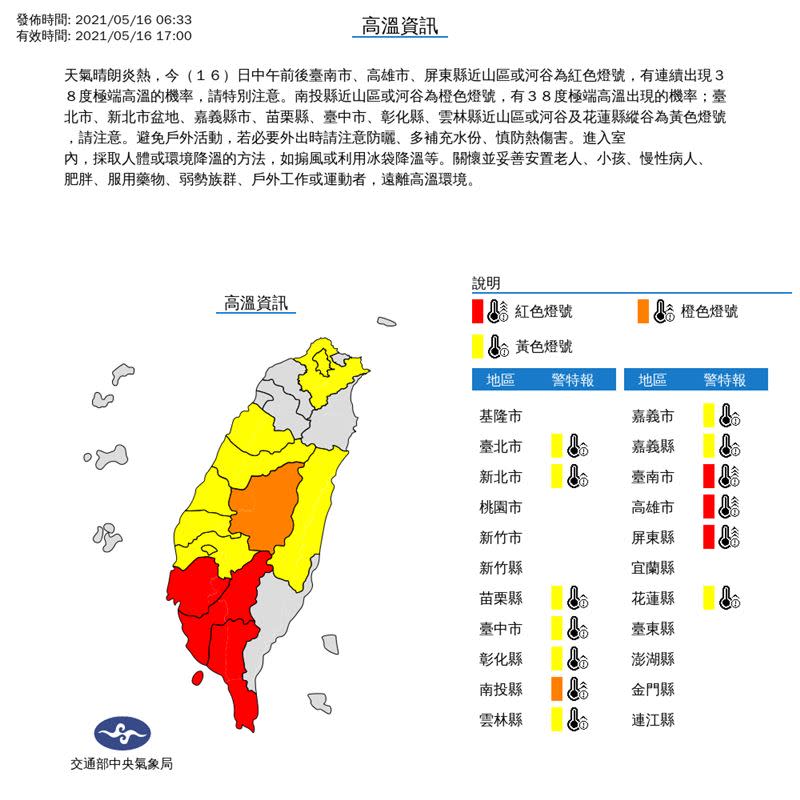 全台13縣市高溫警訊。（圖／翻攝自中央氣象局）