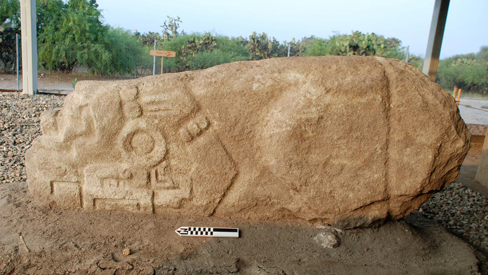 A photo of the crocodile stone discovered by Field Museum archaeologists. The stone was found upside down; the crocodile's rectangular eye is visible on the stone's lower left side, framed on the right by a brac