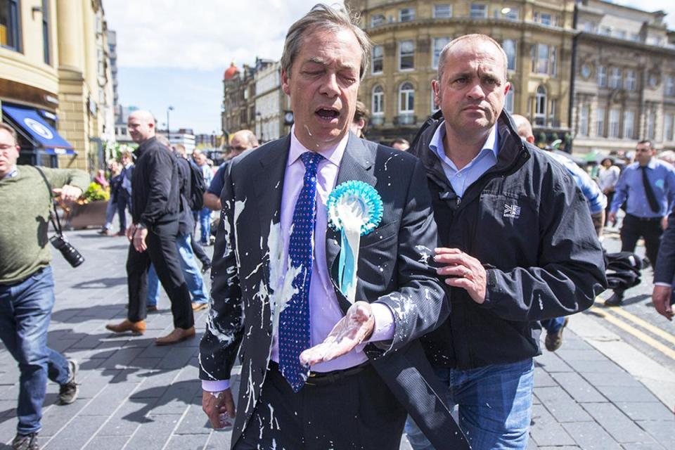 A former US Secret Service agent who specialised in protecting politicians from unknown substances has told Nigel Farage to “keep a change of clothes handy and man up” after the Brexit Party leader was doused in milkshake as part of a growing protest against figures on the right. Dan Kaszeta, who provided protection for president George W Bush, suggested the rise of “milkshaking” should be considered a form of protest and “not political violence”, unless there was evidence it was intended to cause harm.Anti-Islam activist Tommy Robinson, Ukip candidate Carl Benjamin and Mr Farage have been repeatedly targeted by people brandishing milkshakes in recent weeks.The trend has led to an increasingly polarised debate as to the limits of legitimate protest, and whether throwing soft drinks at divisive political figures could lead to more dangerous tactics in future. A number of politicians have condemned the practice, including Change UK MP Anna Soubry, who called it “unacceptable and wrong”. Mr Farage blamed his milkshaking on “radicalised remainers” and politicians who were “not accepting the referendum”. Others, however, have claimed food throwing has a rich history as a form of protest and has rarely led to more violent forms of demonstration.Mr Kaszeta, who advised the White House on how to respond to unknown dangerous substances, said nearly all instances of food throwing should be considered a form of protest rather than violence. Click on the Twitter icon below to expand the thread> OK. Regarding this milkshake stuff. Some context on where and how I'm qualified to comment. I spent 6 years in the US Secret Service as one of its senior CBRN specialists.> > — Dan Kaszeta (@DanKaszeta) > > May 21, 2019“Nearly all of the time an egg is an egg, and a milkshake is a milkshake. We, in the [Secret Service], on President Bush, in the post 9/11 era didn't consider that stuff to be ‘political violence’ in the absence of evidence of intent to cause actual harm,” he tweeted. “We had eggs thrown. We had powder thrown. We had drinks thrown. I had a frappucino thrown at us in a motorcade. Mostly, this stuff never made the press, George Bush had a valet with a spare suit and a good attitude.“FFS, Nigel, Carl, Stephen. You got a whole posse of handlers and factotums. Keep a change of clothes handy and man up.“What some fail to understand is that this is not a binary all or nothing, black or white thing. There's a whole lot of grey area in a spectrum between completely innocuous funny s*** and actual physical violence. And a milkshake is towards the former, not the latter.”On Tuesday, police said they had charged a man with common assault and criminal damage following the dousing of Mr Farage while on a walkabout in Newcastle city centre.Mr Farage’s suit was left covered in the drink after the incident at about 1pm on Monday and he was quickly hurried away from the scene by staff.